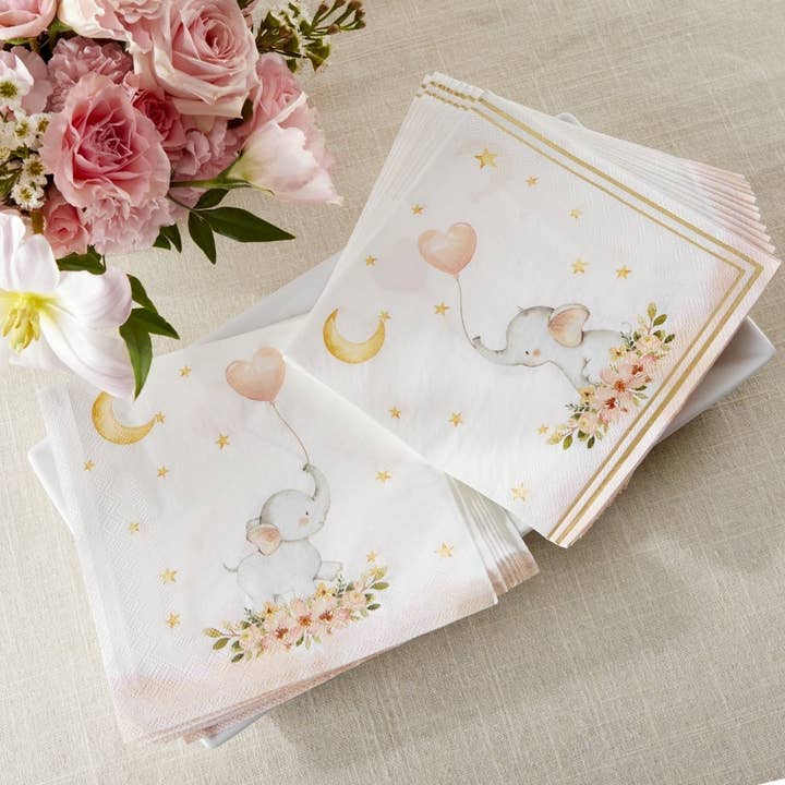 Elephant Baby Shower 2 Ply Paper Napkins - Pink (Set of 30) for wholesale by Kate Aspen