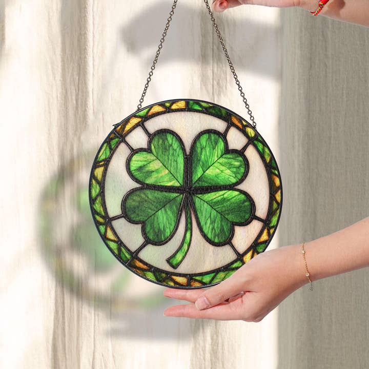 TMLECOM LTD – wholesale Ornament – Shamrock Stained Glass Suncatcher, Green Clover Window Decor1