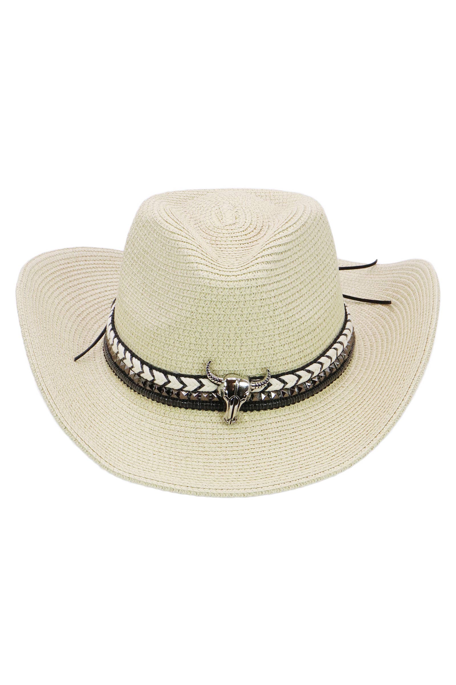 Cap Zone - Wholesale Cowboy Hat - Women's - Buffalo Skull Studs Braided Belt Straw Cowboy Hat1