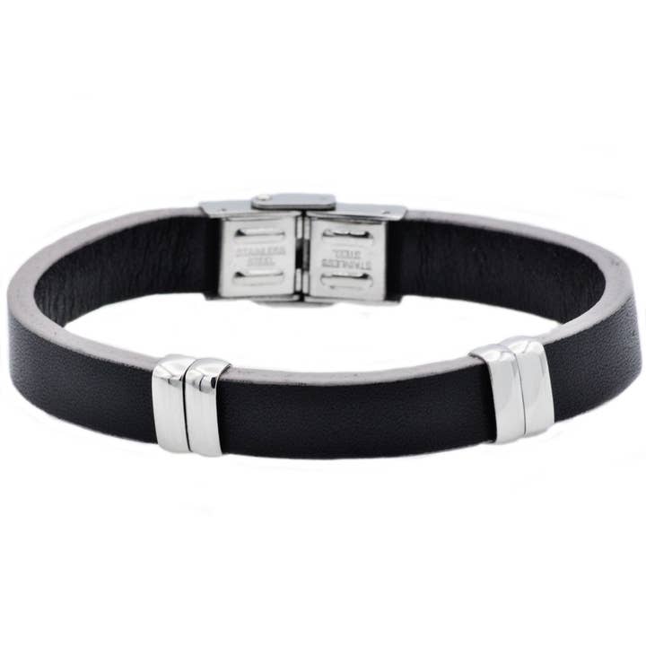 Bracciale da uomo in pelle nera e grigia in acciaio inossidabile per la vendita all'ingrosso da parte di Blackjack Mens Jewelry