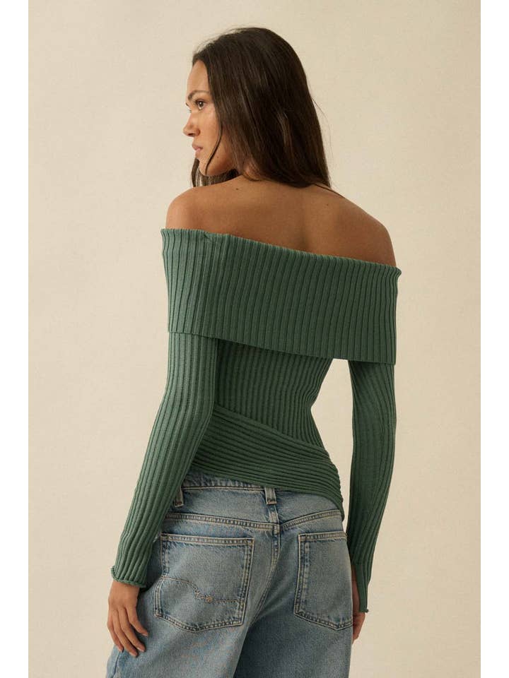Promesa USA - Wholesale Knit Sweater - Women's - Sheer Rib-Knit Off-Shoulder Foldover Sweater5