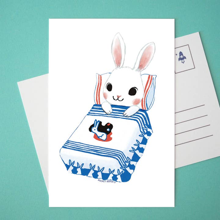 Hvid Kanin Kanin Sengetid Mini Print / Postkort for engroshandel hos Rocket Boogie Co.