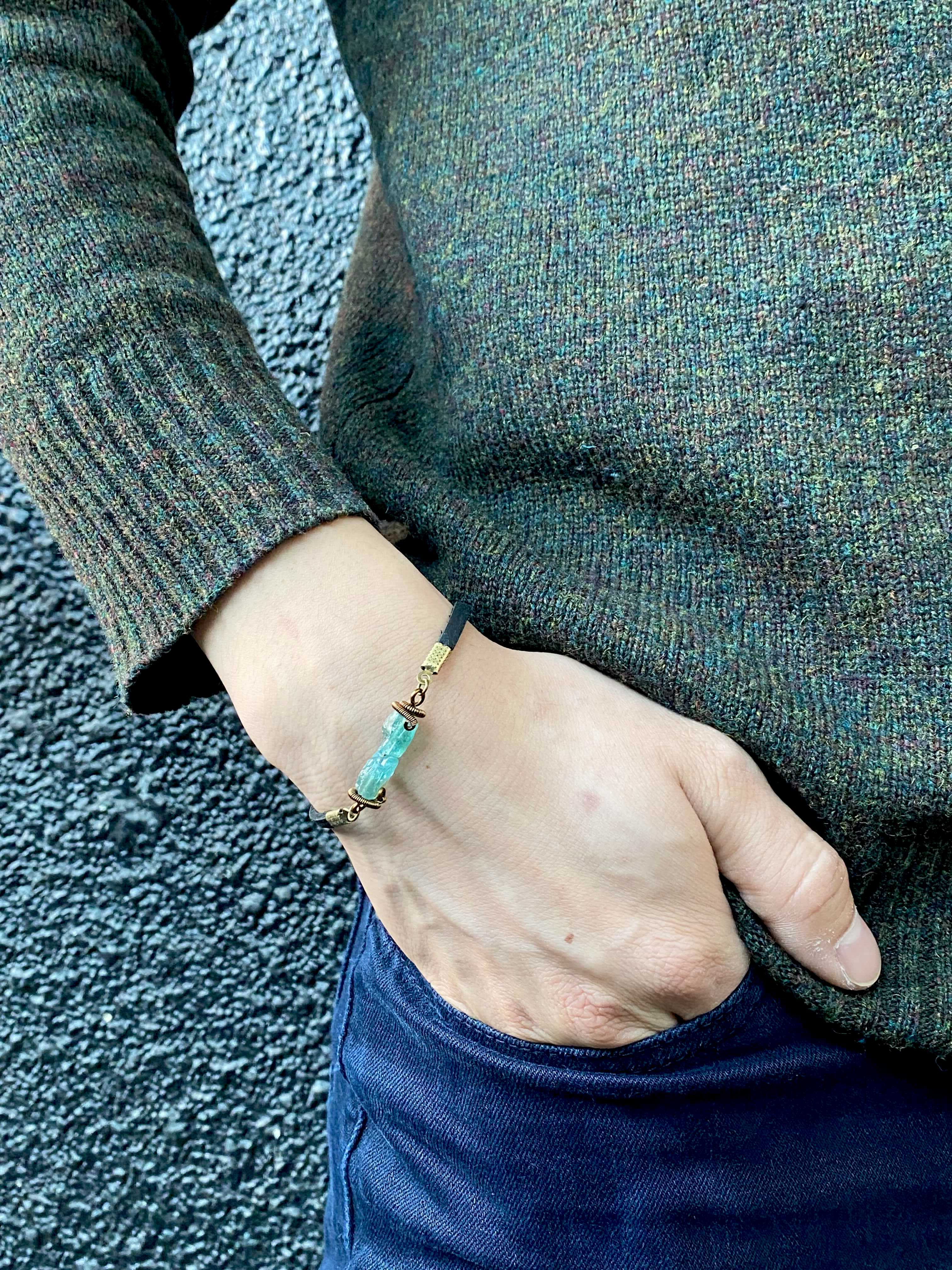 Raw Stone Elegance - Wholesale Charm/Dangle Bracelet - Raw Apatite Bracelet, Leather Jewelry, December Crystal1