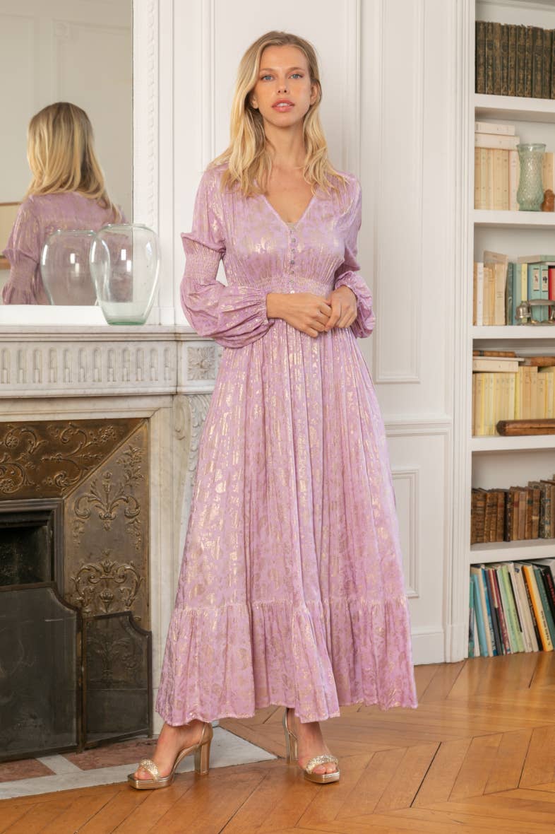 Lilac Loose-fitting long dress with gilding effect print. for wholesale on Faire4