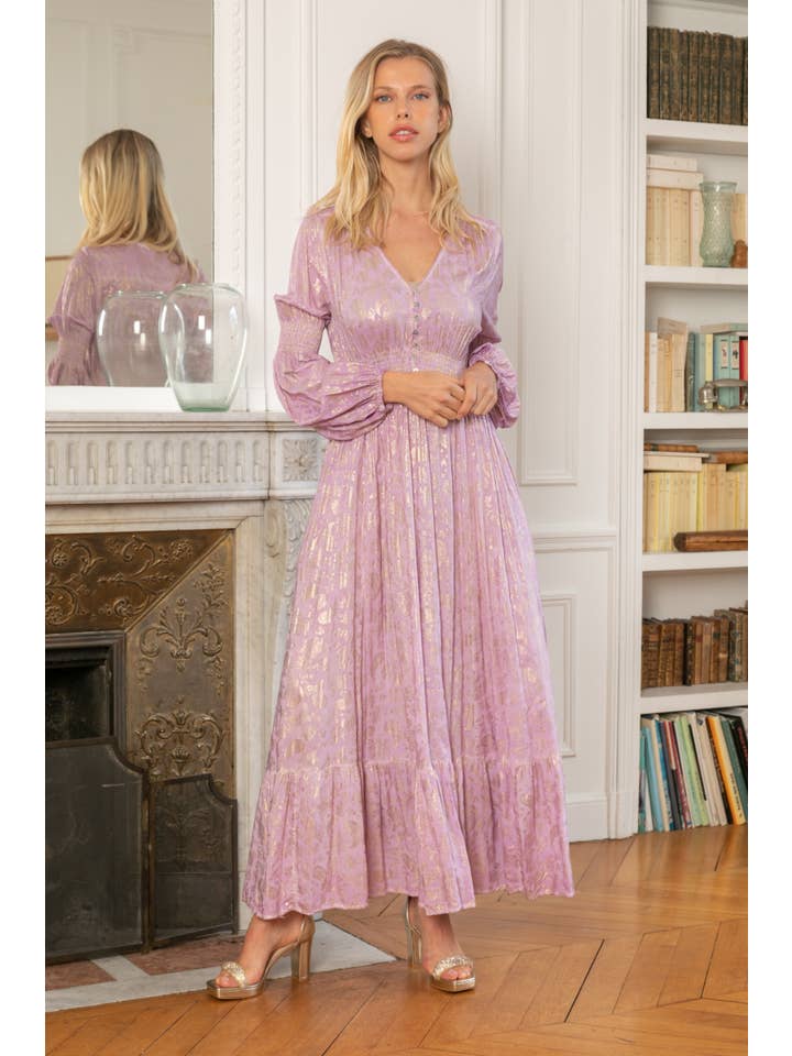 Lilac Loose-fitting long dress with gilding effect print. for wholesale on Faire4