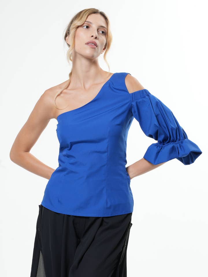 Asymmetrical Shirt with Puff Sleeve for wholesale by Metamorphoza