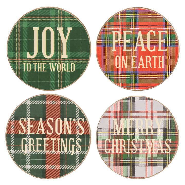 5/Set - Wooden Plaid Christmas Coasters w/Holder for wholesale by CWI Gifts