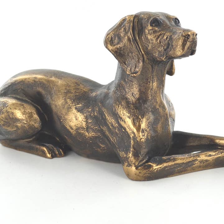 Bronze effect laying Weimaraner ornament, figurine designed by Harriet Glen, 23cm for wholesale by Animal Crackers