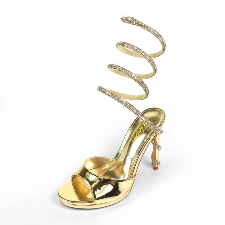JORDIE-5 PEEP TOE TUBULAR SPIRAL STRAP W/ HIGH HEEL GOLD for wholesale by Liliana Shoes