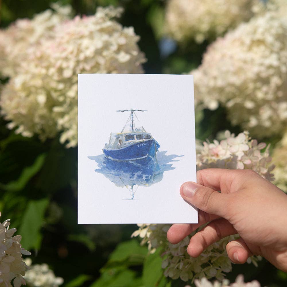 Finding Silver Pennies - Wholesale Stationery/Notecard Set - Blue Boat Note Card | Motor Boat Greeting Card1