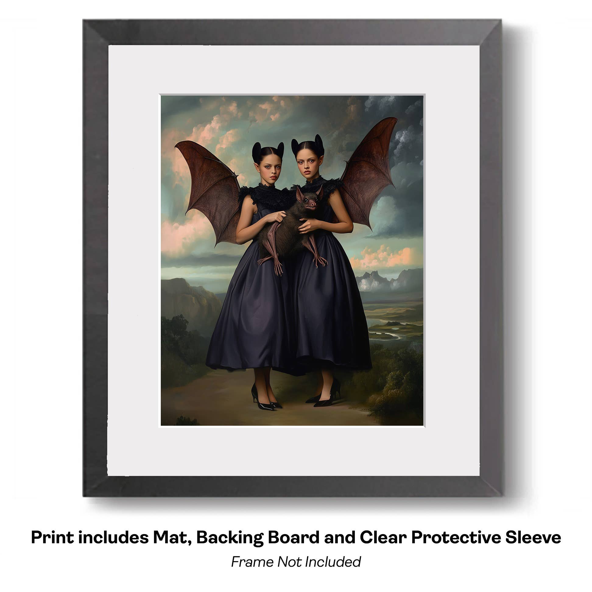 Mowbi - Wholesale Art Print - Goth Fairy Flying Through Canyons on Her Bat - Very Grim Fairytale Prints – 8″x10″ Artwork in 10″x12″ Mat11