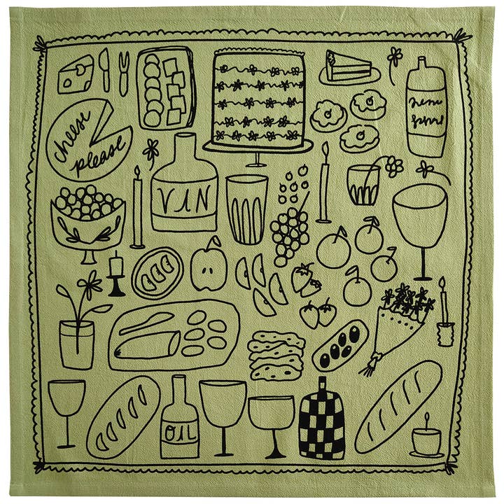 Julie Peach - Wholesale Tea Towel - Picnic on Sage Green Tea Towel - 100% Cotton0
