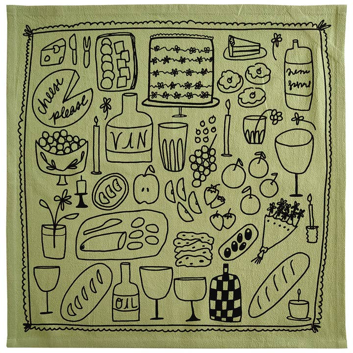 Julie Peach - Wholesale Tea Towel - Picnic on Sage Green Tea Towel - 100% Cotton0