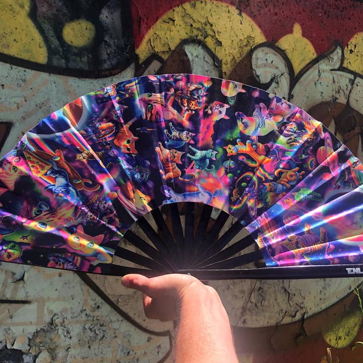Enlighten - Wholesale Handheld Folding Fan - Rainbow Cats Fan - Large Hand Fan | Space Cat Art | Festival Accessory