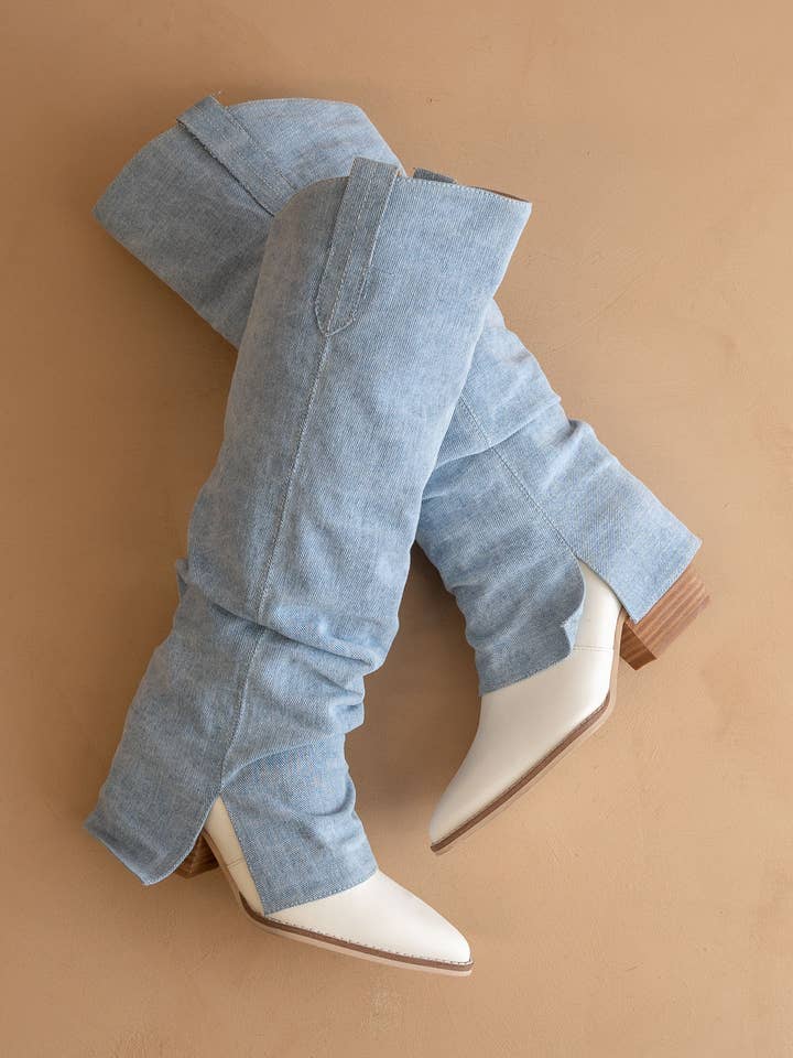 The Thea Denim | Fold Over Slit Jean Boot for wholesale on Faire