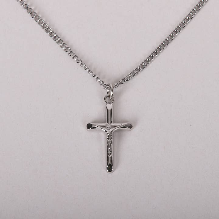 Necklace Crucifix - Rounded Cross Silver - 18 for wholesale by Swanson Christian Products