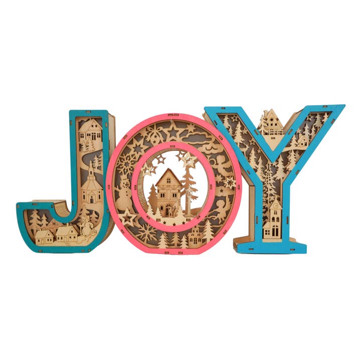 Scène de Noël en bois illuminée Joy pour la vente par Glory Haus