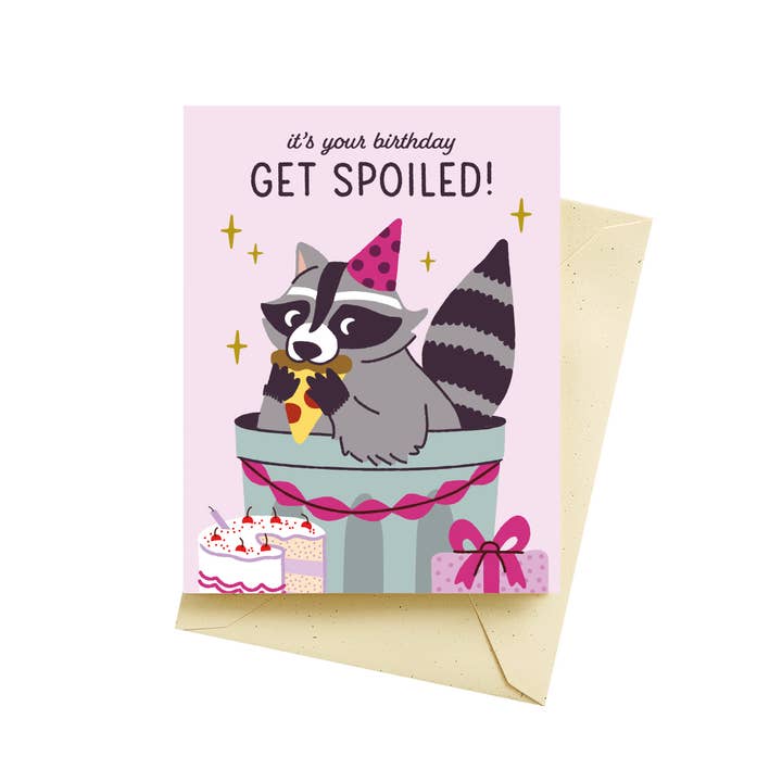 Spoiled Raccoon Birthday Cards for wholesale by Seltzer Goods