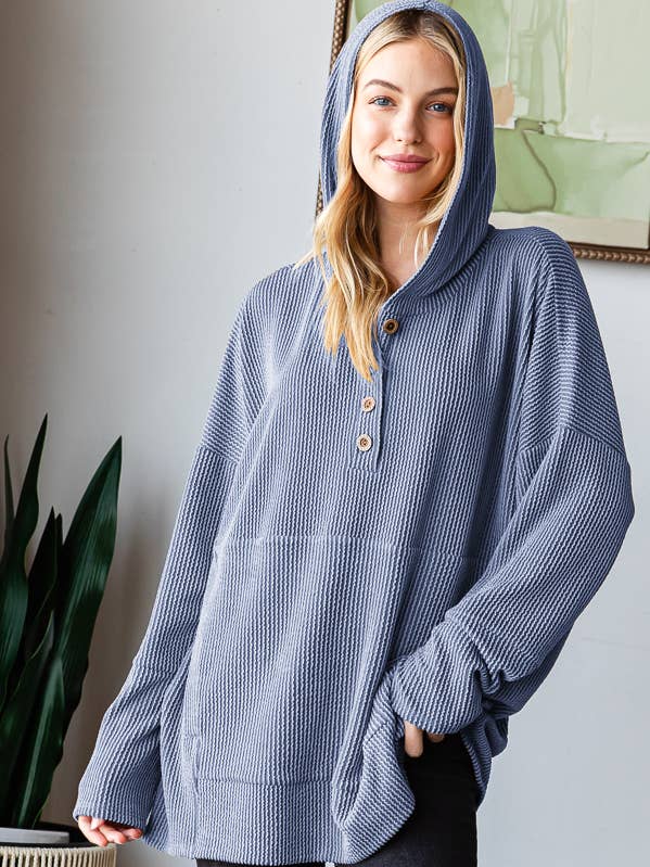 HEIMISH - Wholesale Hoodie - Women's - ET7707-10 SOLID URBAN RIBBED BOTTON DOWN HOODIE KANGAROO2