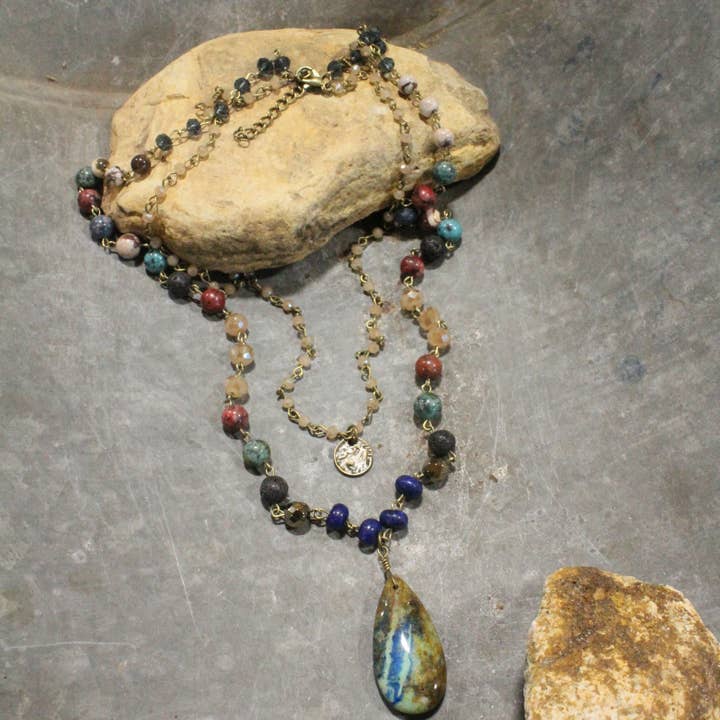 Charming Bohemian Multi-Color Stone Layered Necklace for wholesale by The Primitive Peddler, Inc.