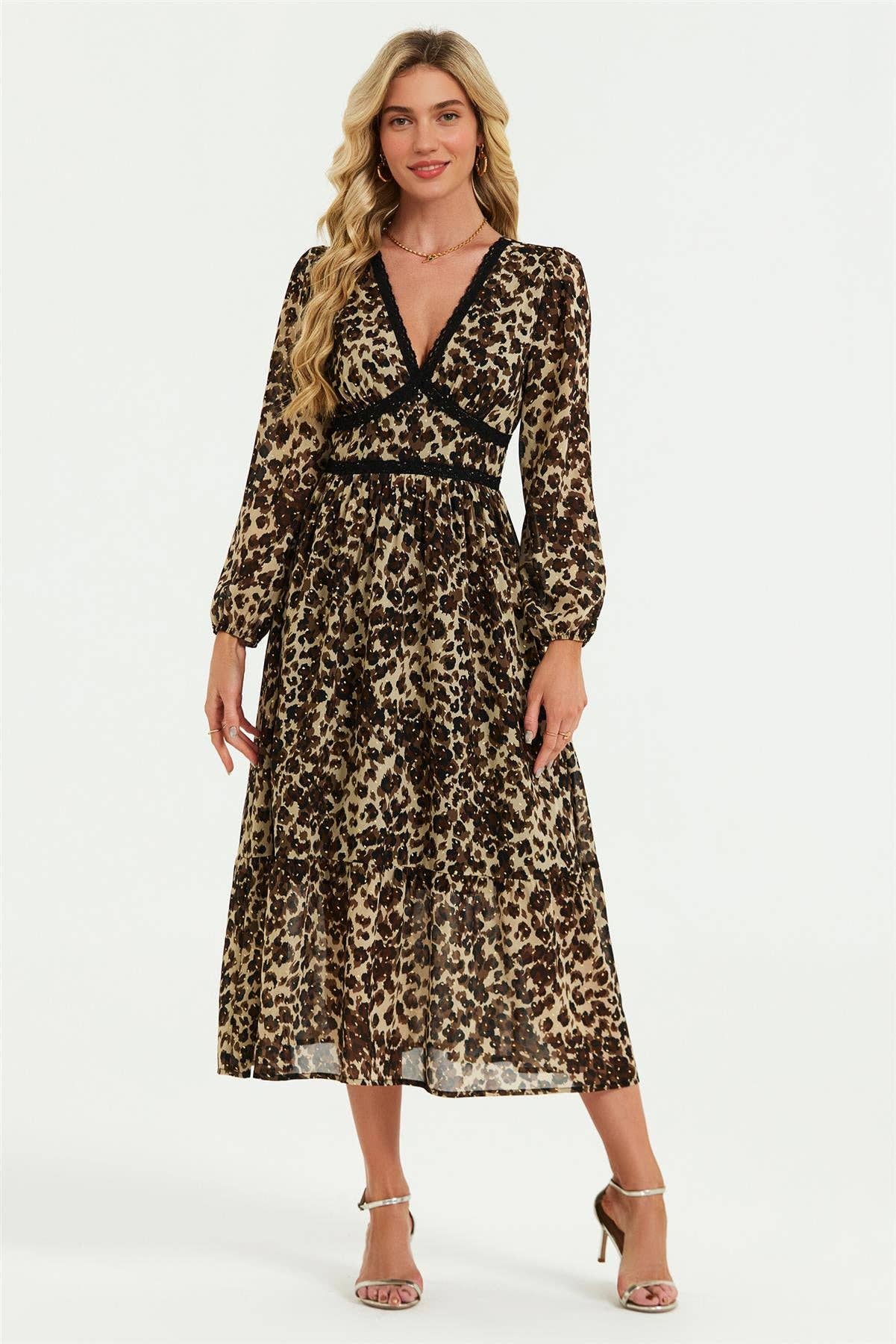 Leopard Print Foil Lace Trim Long Sleeve Maxi Dress In Brown for wholesale on Faire2