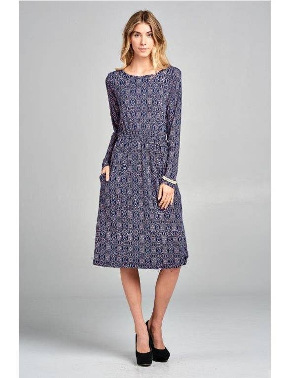 Made in USA - Bedrucktes, langärmliges, modernes Midikleid für den Großhandel von LKLUV