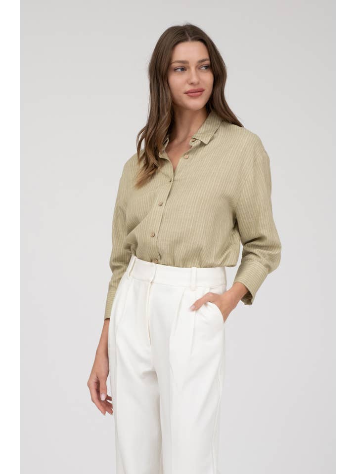 OLIVE STRIPE COLLARED BUTTON DOWN TAB SLEEVE SHIRT for wholesale on Faire