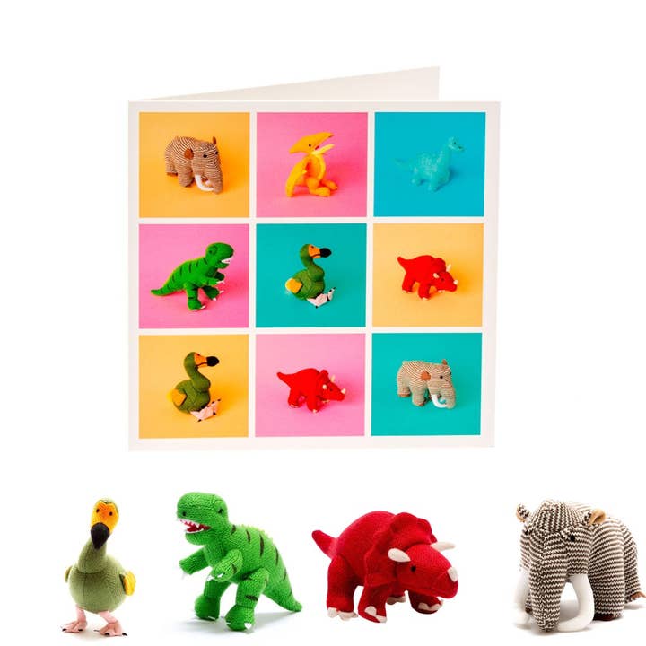 Best Years Ltd - Wholesale Baby Card - Knitted Dinosaur Toys in Grid Pattern Greetings Card