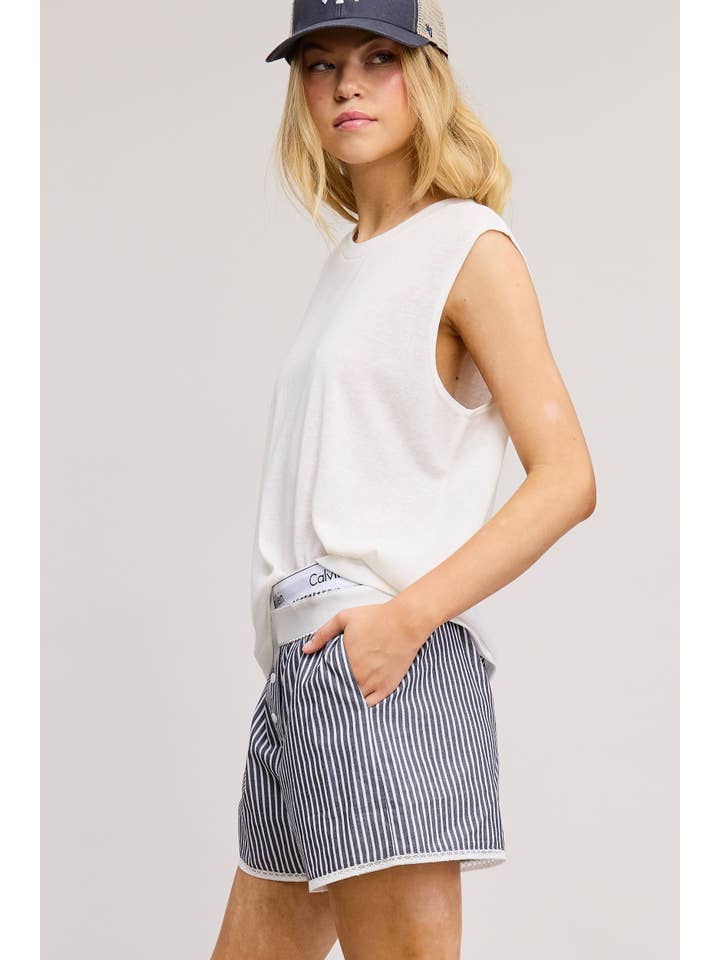 Mimosa - Wholesale Shorts - Women's - Scalloped Lace Hem Striped Boxer Style Shorts2