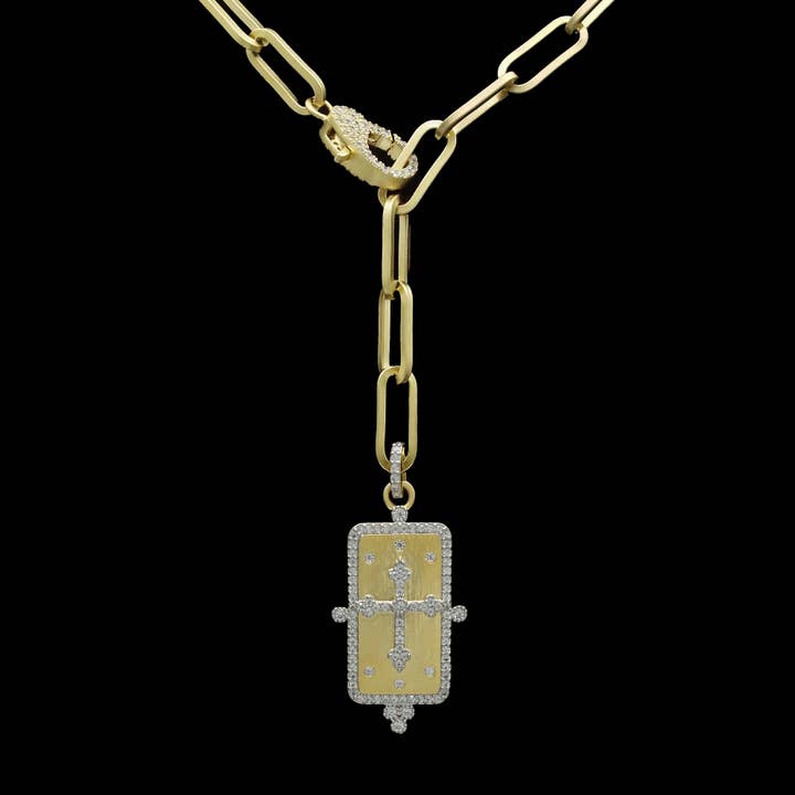 Gold paper clip necklace with cross pendant for wholesale by Be Je Designs