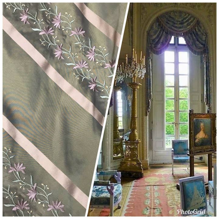 Fancy Styles Fabric - Vente Tissu - NOUVEAU ! VENTE ! Tissu brodé de taffetas 100% soie Duchesse Adele - Vert avec fleurs lavande