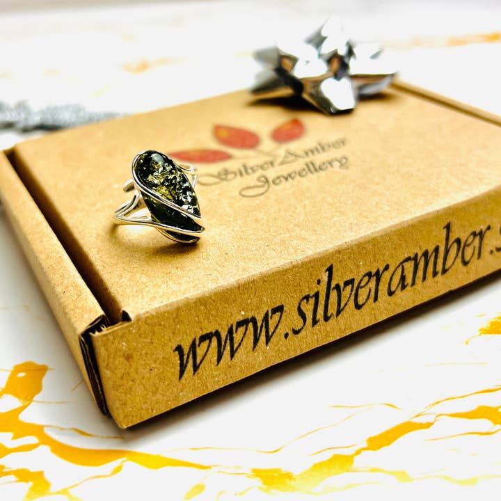 SilverAmber Jewellery - Wholesale Cocktail/Statement Ring - 925 Sterling Silver & Genuine Baltic Amber Adjustable Ring GL423A19
