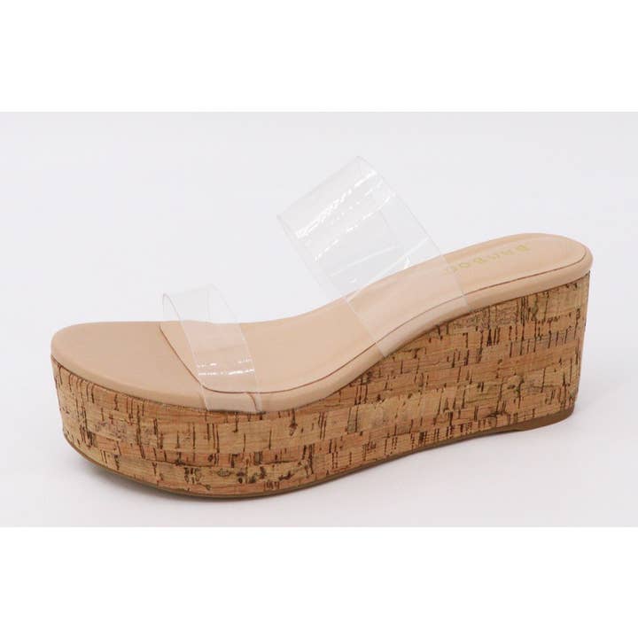 NUDE LUNA | Clear Strap Cork Wedge for wholesale on Faire