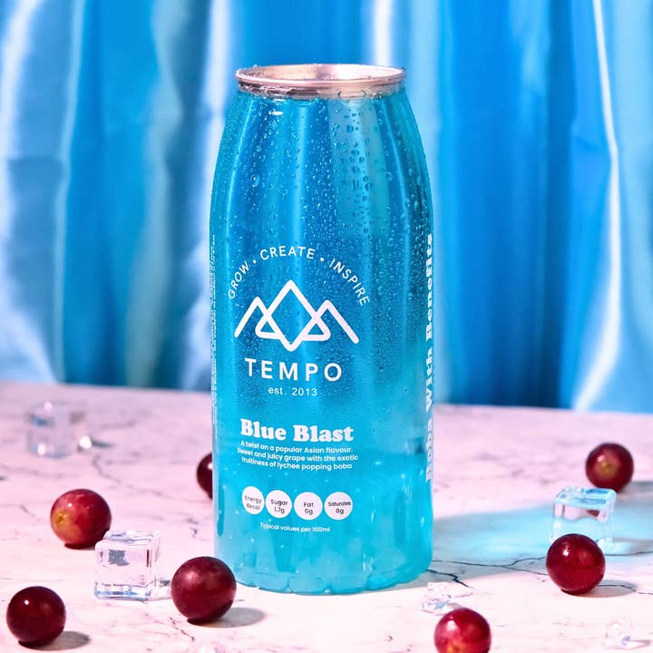 Blue Grape Bubble Tea With Lychee Popping Boba for wholesale by Tempo Tea Bar