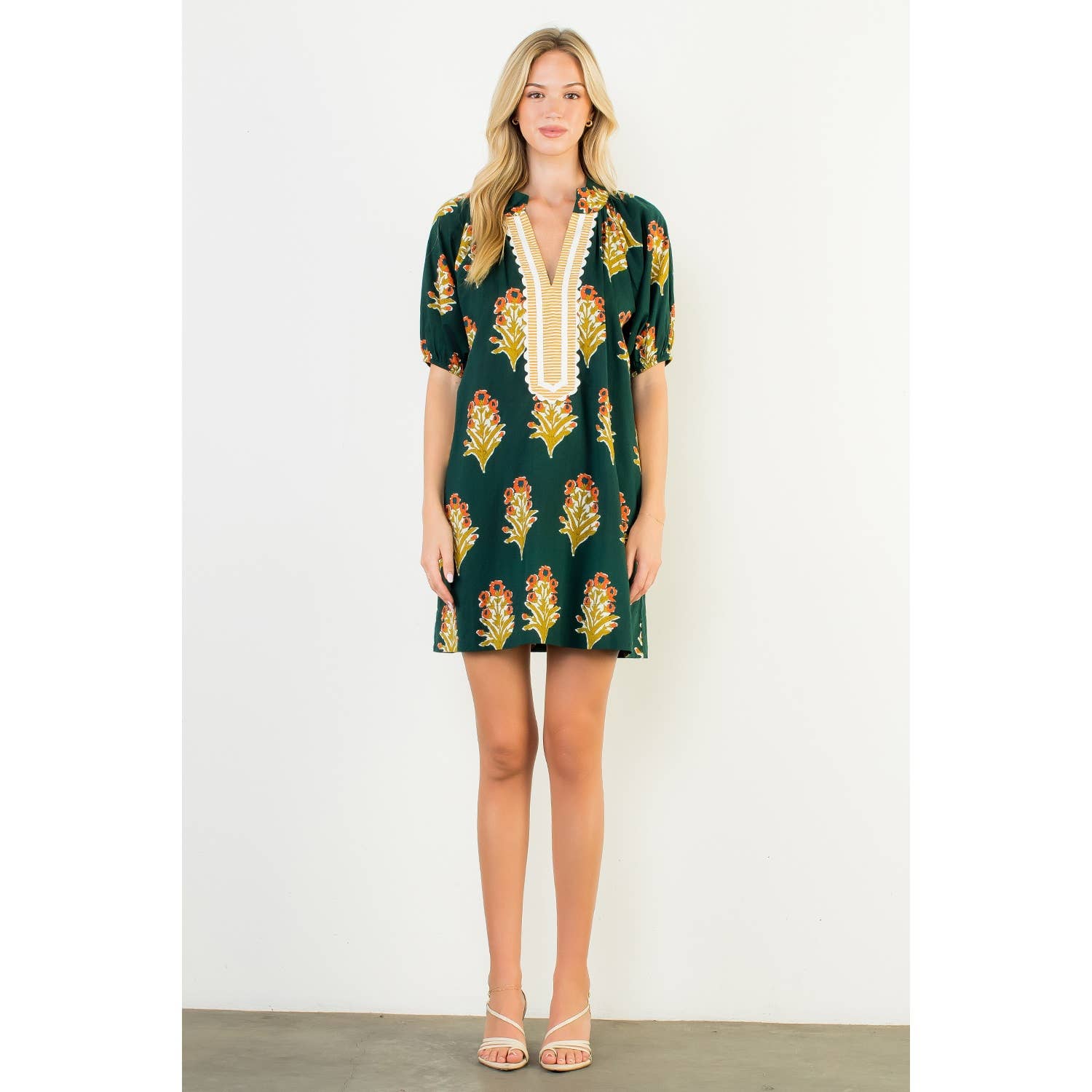 GREEN Floral Print V-Neck Striped Detail Dress for wholesale on Faire2