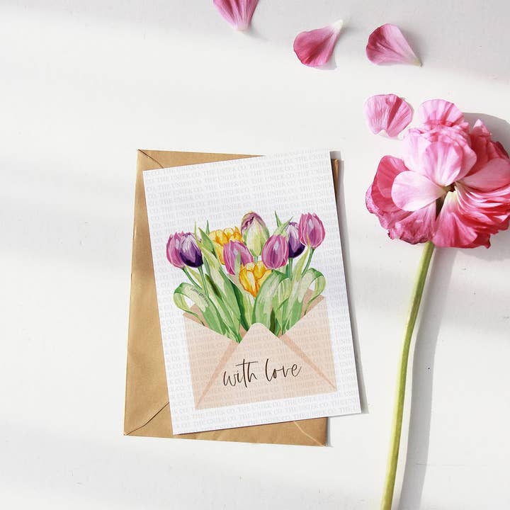 Tulpen in envelop, met liefdebelettering, wenskaart voor wholesale door the uniek co