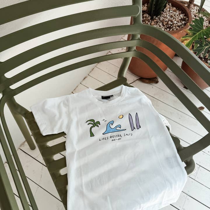 Life’s Better Salty Tee (White) for wholesale by SAND N SALT KIDS