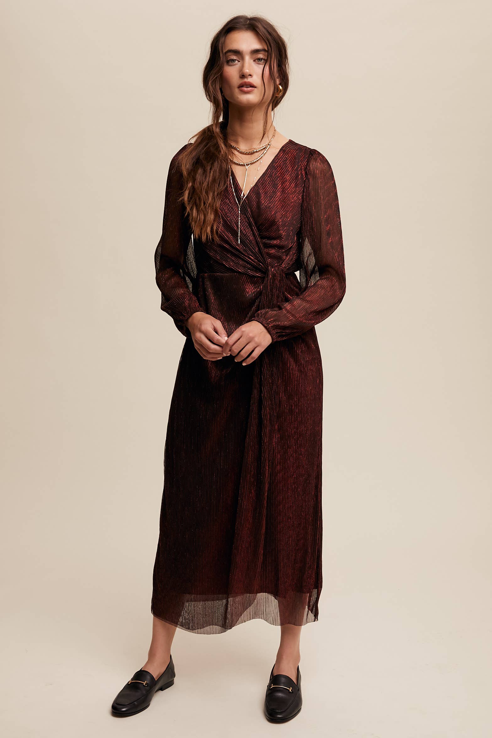 Listicle - Wholesale Jurk - Dames - Glanzende geplooide wikkel midi-jurk LD13222