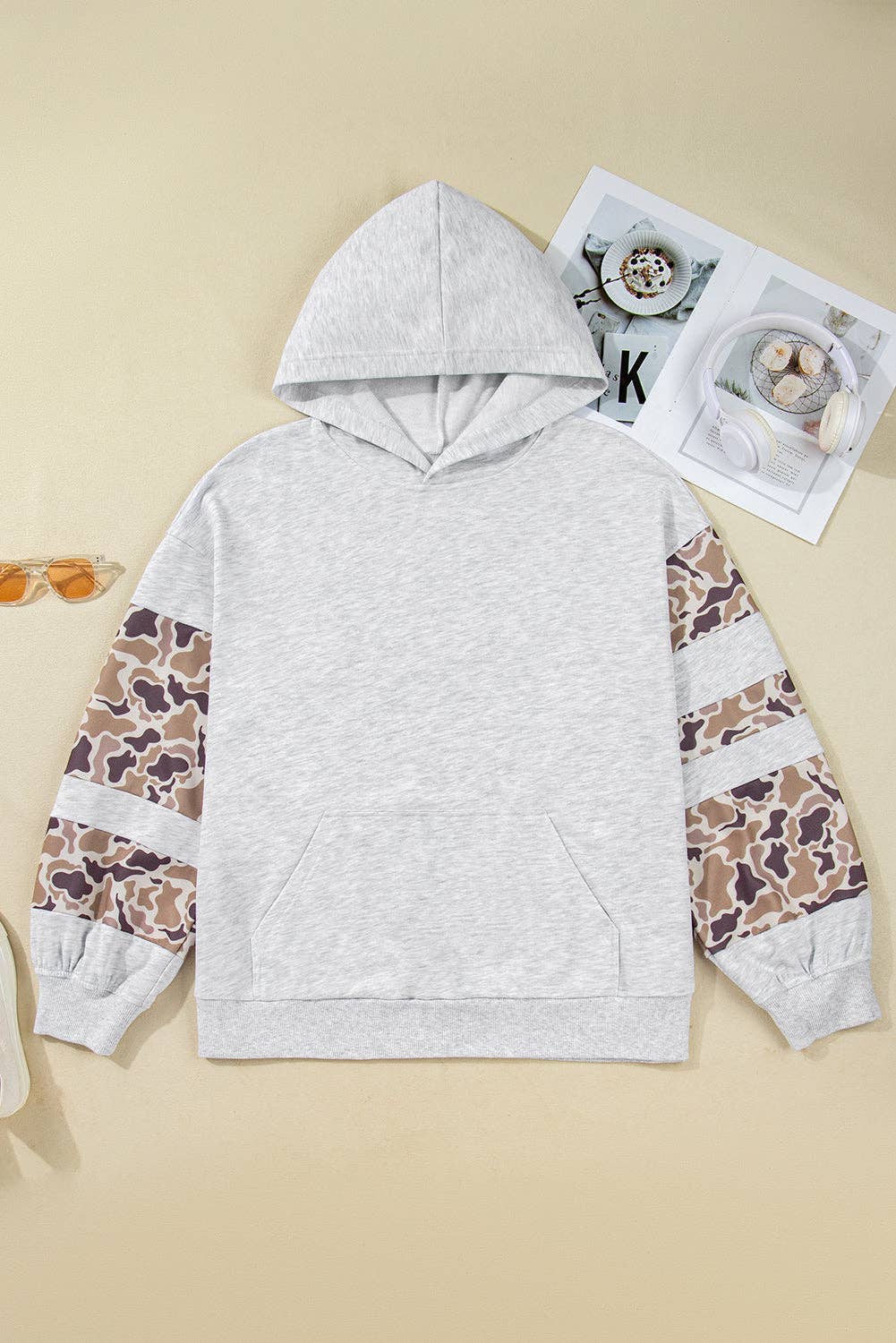 Light Grey Plus Size Camo Patchwork Asymmetric Sleeve Hoodie for wholesale on Faire0