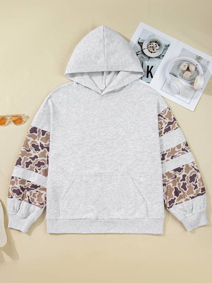 Light Grey Plus Size Camo Patchwork Asymmetric Sleeve Hoodie for wholesale on Faire0