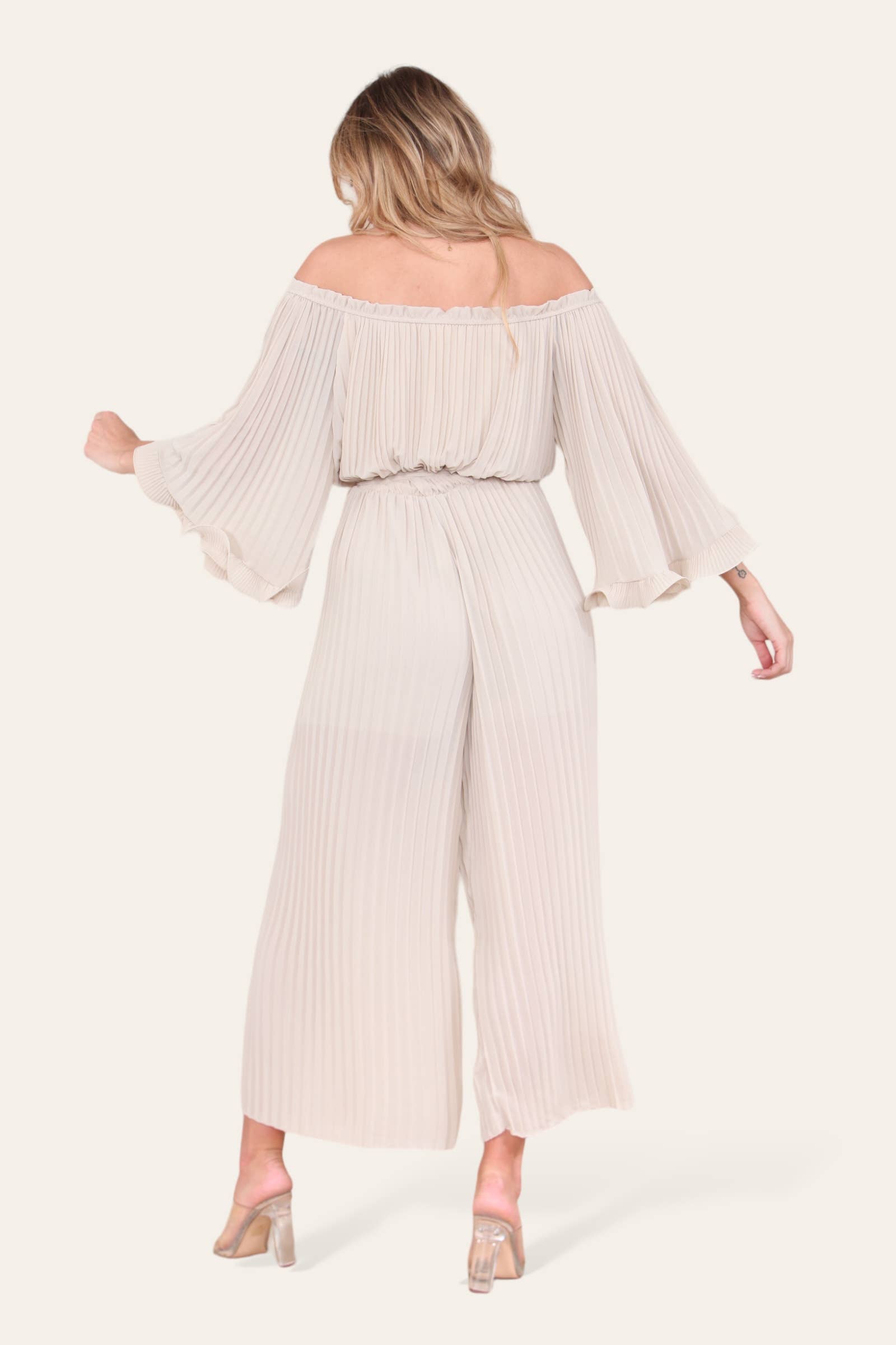 WHITE Sofia Bardot Pleated Frill Jumpsuit for wholesale on Faire34
