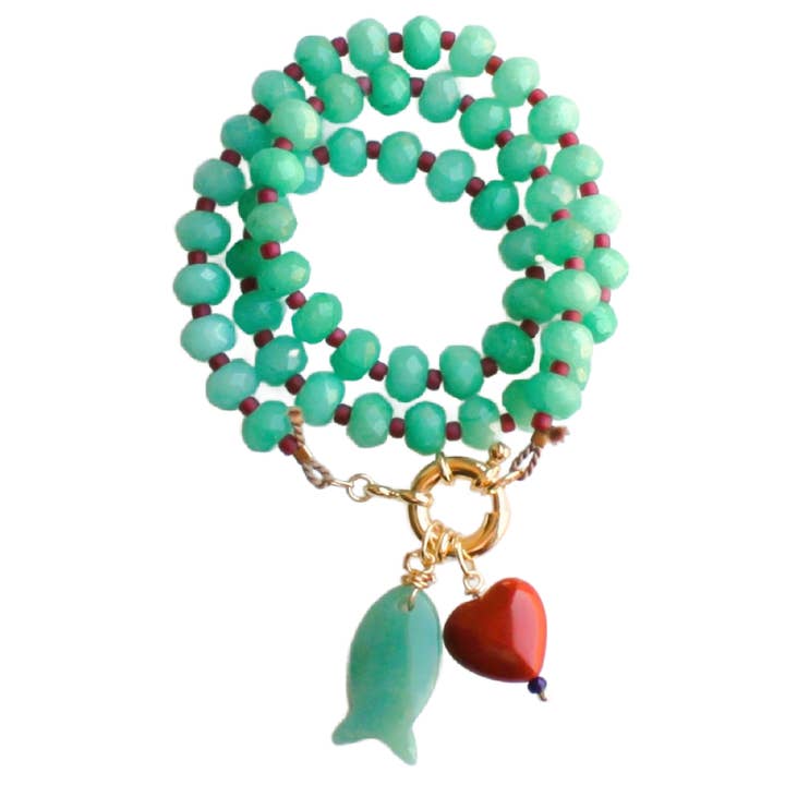 Gemstone Necklace, Heart & Fish Charms, Handmade Jewelry for wholesale by The Silver Wren