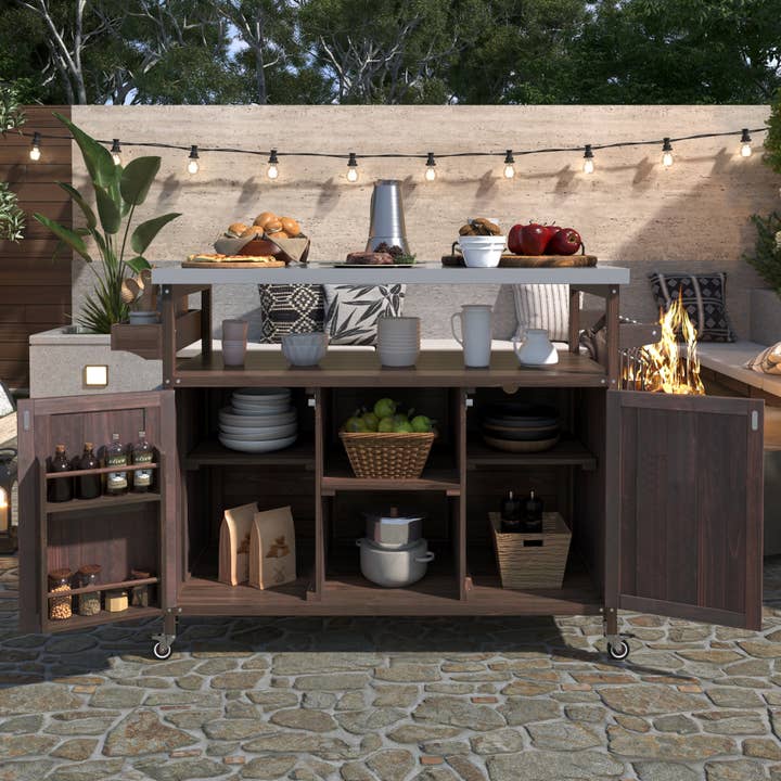 39F Inc. - Wholesale Outdoor Ornament/Decor - Outdoor Kitchen Island,Farmhouse Solid Wood Rolling Cart11