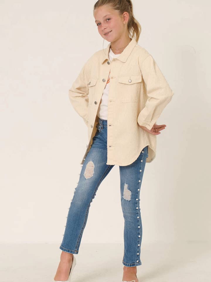 Cream Girls Distressed Detail Button Up Shacket for wholesale on Faire1