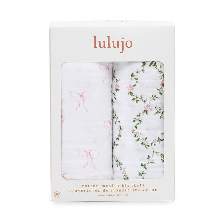 2er-Pack Baumwoll-Wickeldecken – Schleifen & Rosenspalier für den Großhandel von Lulujo Baby