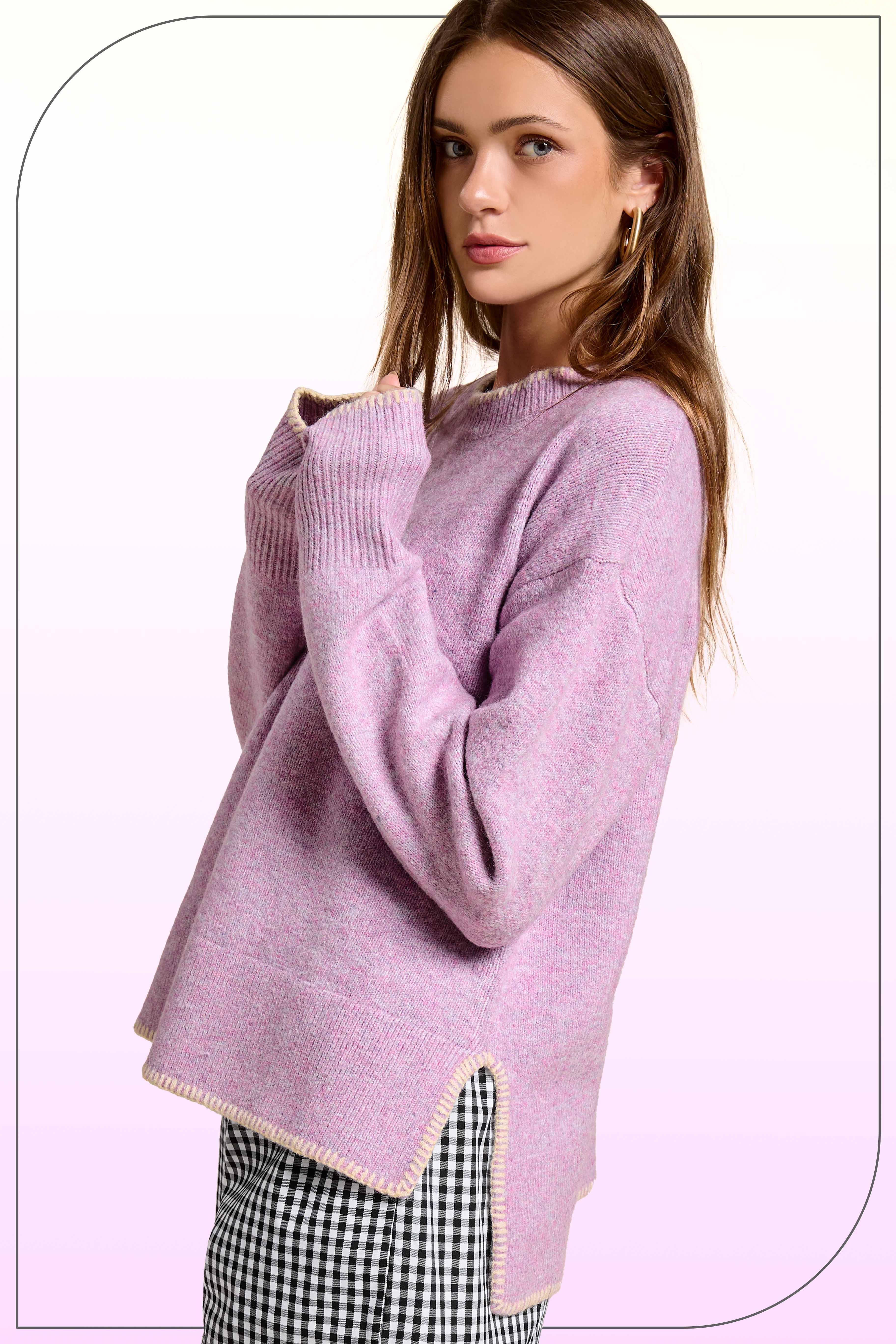La Miel - Wholesale Knit Sweater - Women's - JDS3607-Hi-Low Crew Neck Sweater W/ Contrast Blanket Stitch39