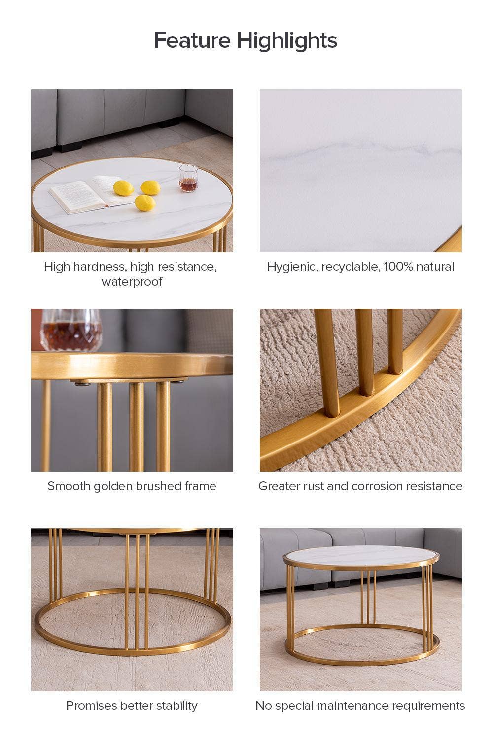 BlakOutlet - Vendita all'ingrosso Tavolini - Tavolino da caffè rotondo in ardesia con struttura in acciaio inossidabile dorato7