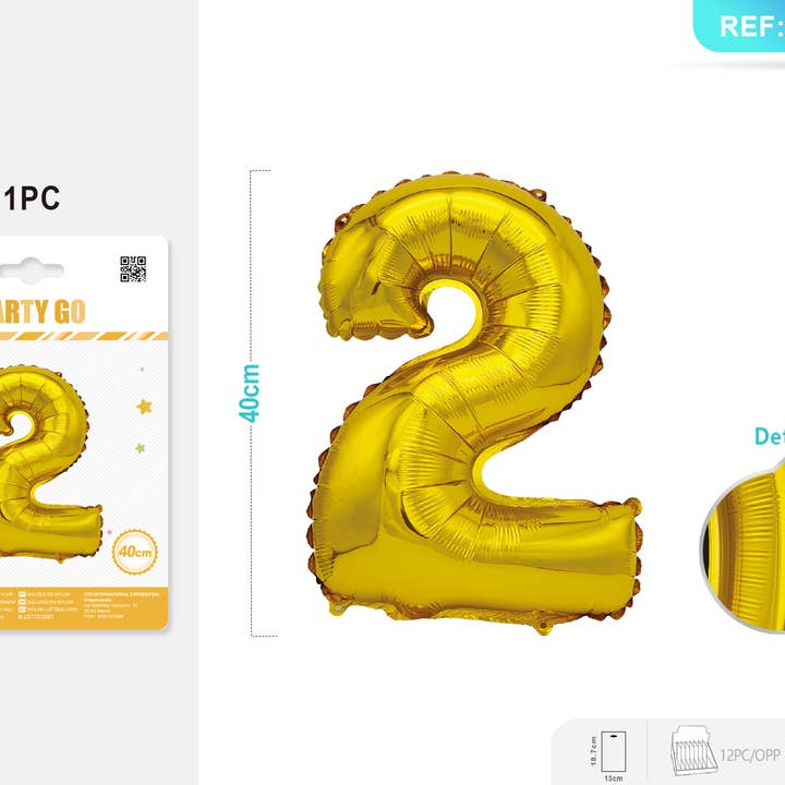 40CM Gold Number 2 Foil Balloon Pack 1PCS*12PACKS for wholesale by Party Go