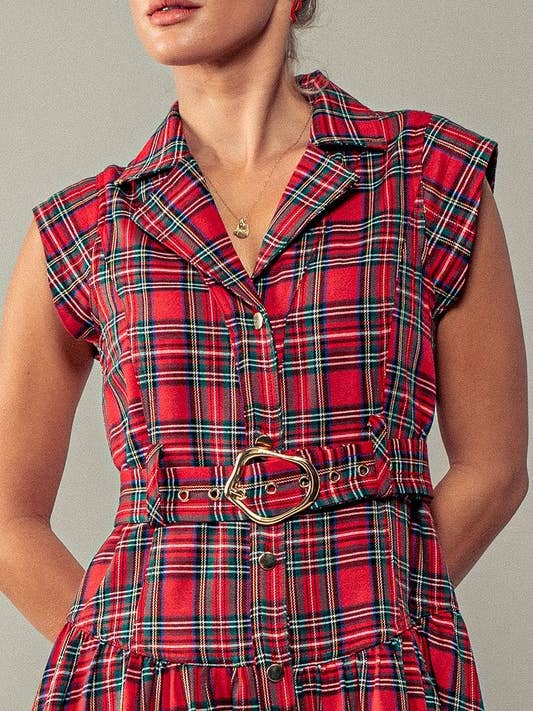 Urban Daizy - Wholesale Dress - Women's - Vintage Plaid Belted Classic Statement A Line Dress