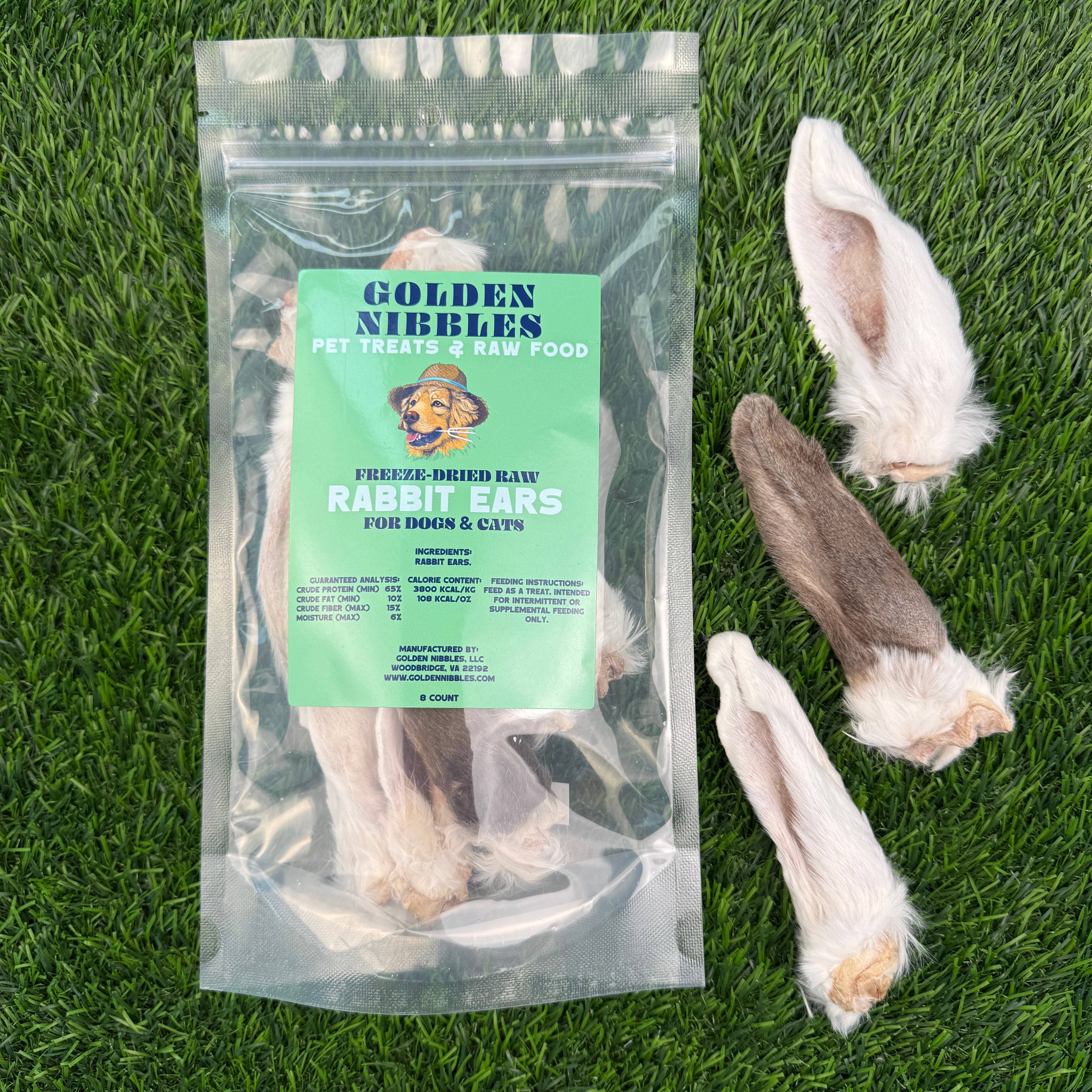 Golden Nibbles - Wholesale Pet Treats - Dog - Rabbit Ears - Bag of 8 - Freeze-Dried Treat/Chew for Dogs & 1